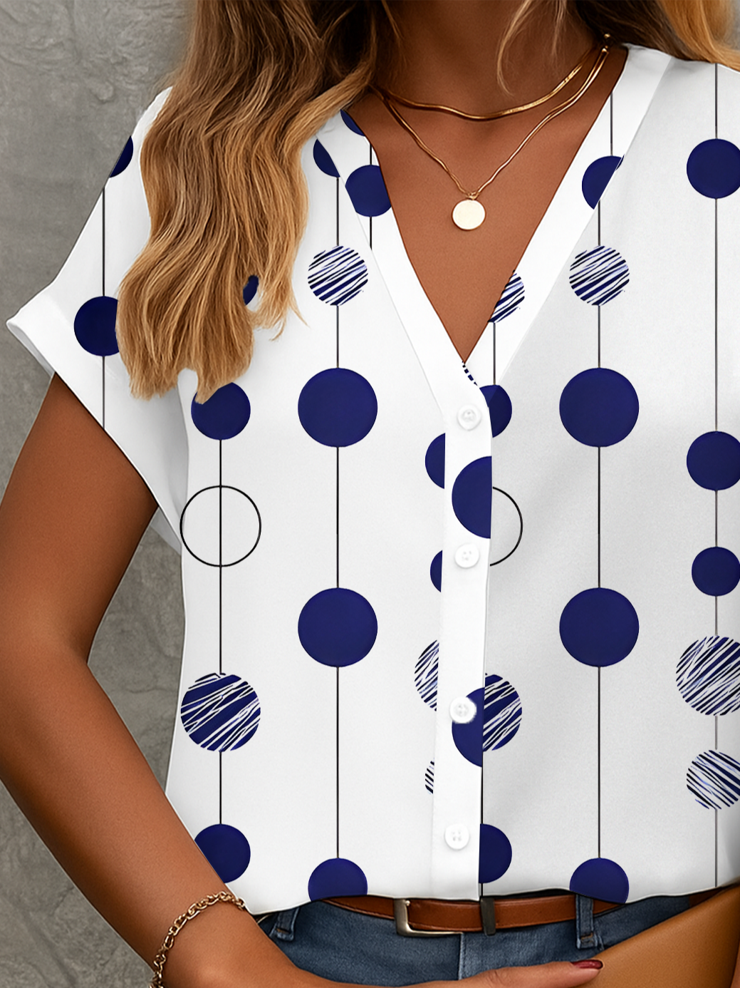 Women's Short Sleeve Shirt Summer White Polka Dots Printing V Neck Daily Going Out Casual Top