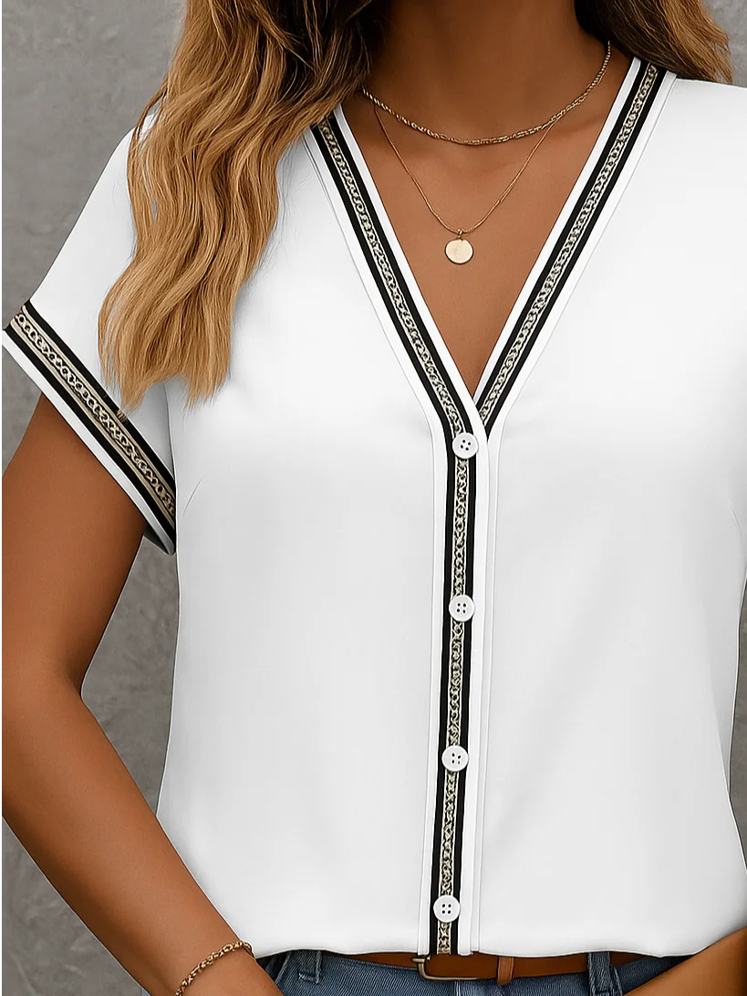 Women's Short Sleeve Shirt Summer White Abstract Printing V Neck Daily Going Out Casual Top
