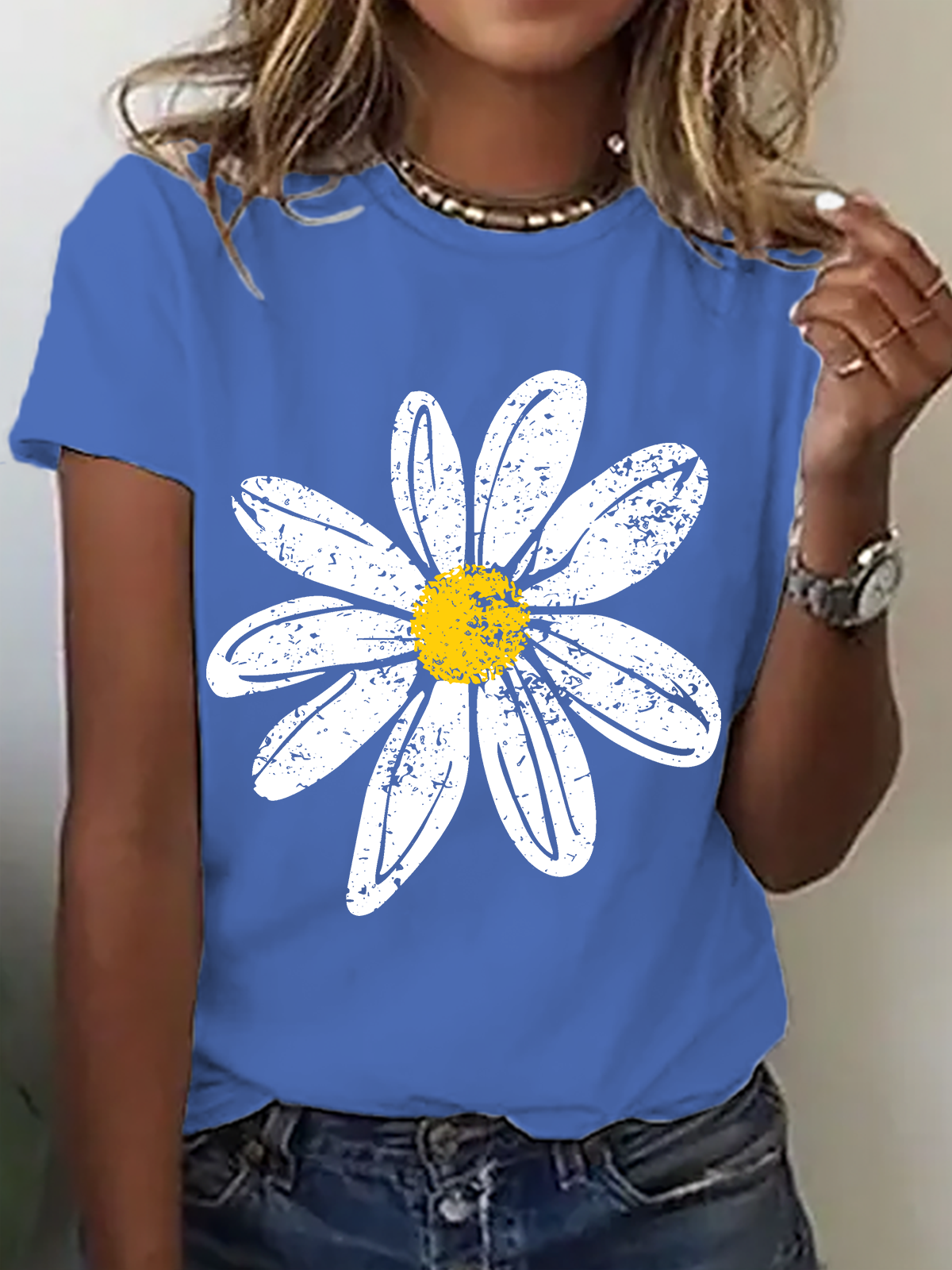Womens Cotton Floral Crew Neck T Shirts Cotton T-Shirt