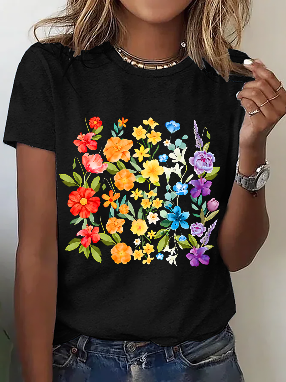 Womens Cotton Floral Crew Neck T Shirts Cotton T-Shirt