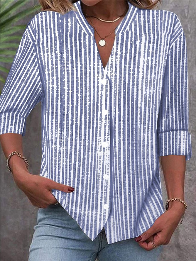 Women's Stand Collar Long Sleeve Striped Shirt