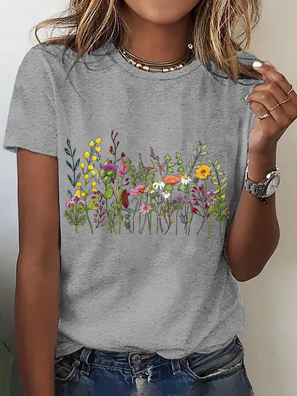 Womens Cotton Floral Crew Neck T Shirts Cotton T-Shirt