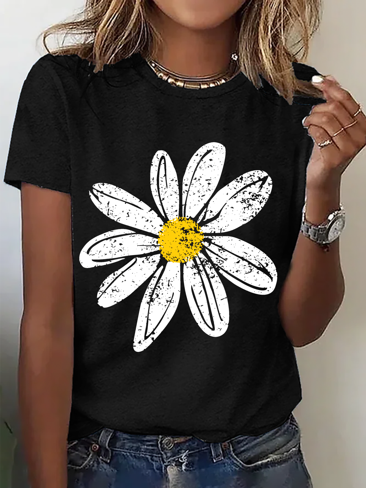 Womens Cotton Floral Crew Neck T Shirts Cotton T-Shirt