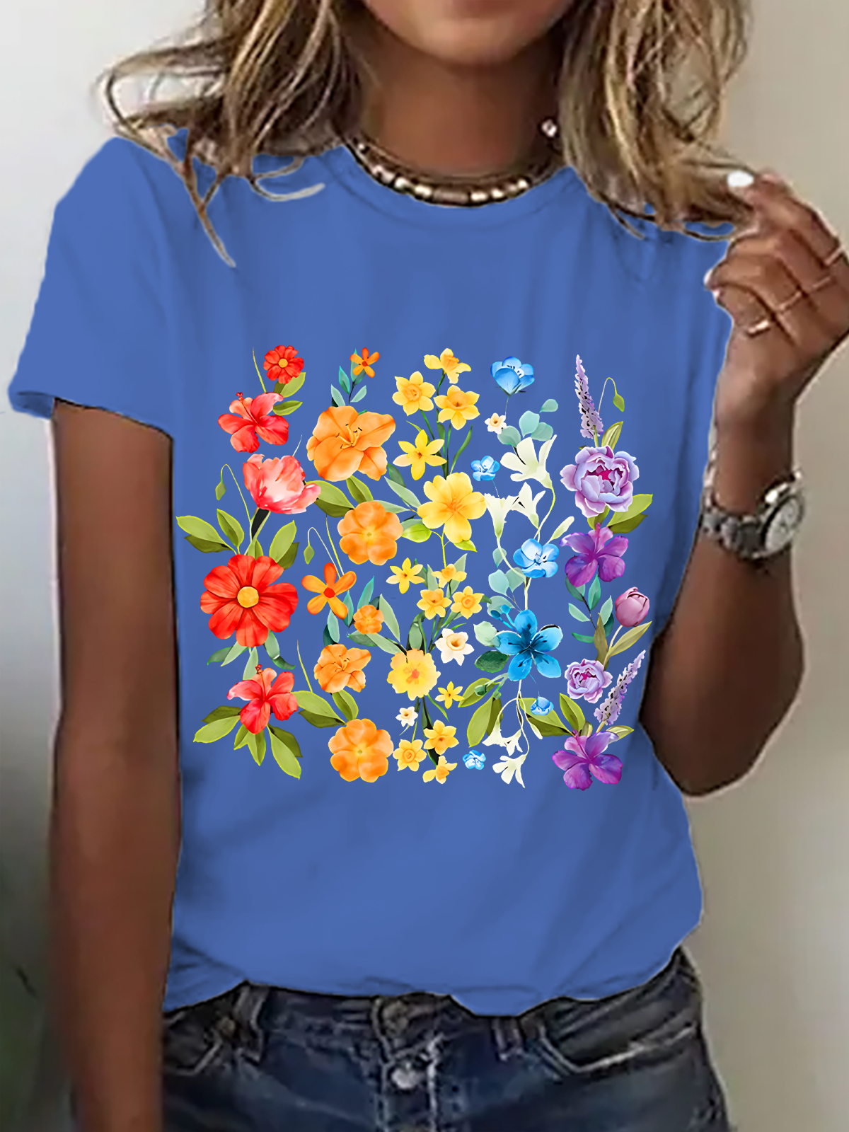 Womens Cotton Floral Crew Neck T Shirts Cotton T-Shirt