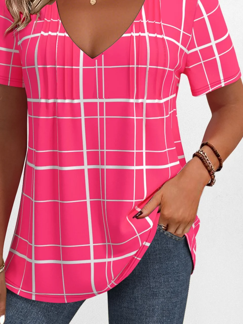 Loose Simple V Neck Plaid T-Shirt