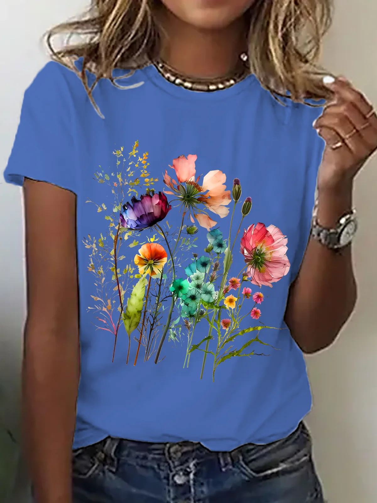 Womens Cotton Floral Crew Neck T Shirts Cotton T-Shirt