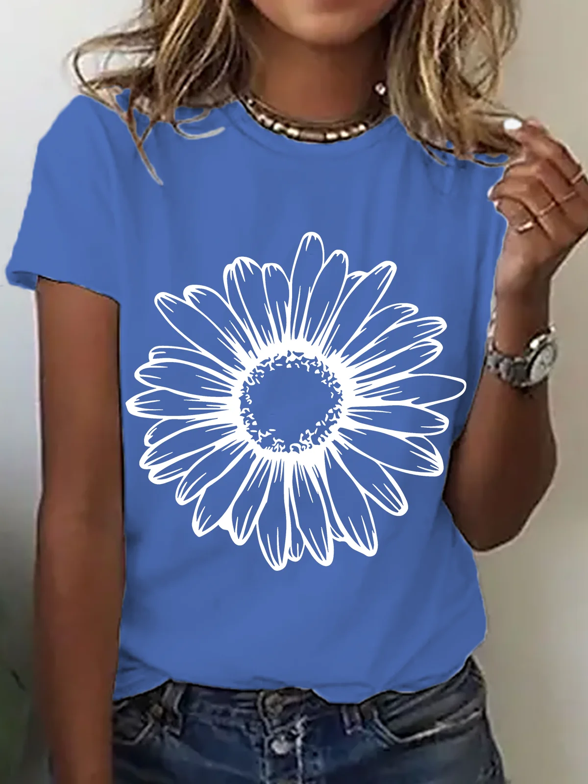 Womens Cotton Floral Crew Neck T Shirts Cotton T-Shirt