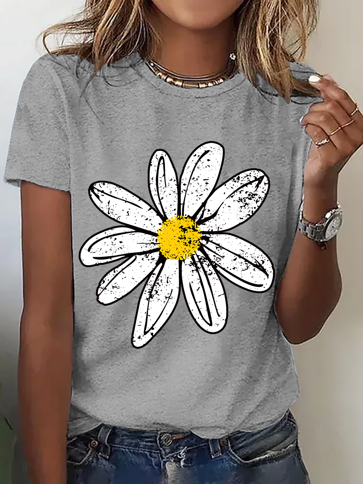 Womens Cotton Floral Crew Neck T Shirts Cotton T-Shirt