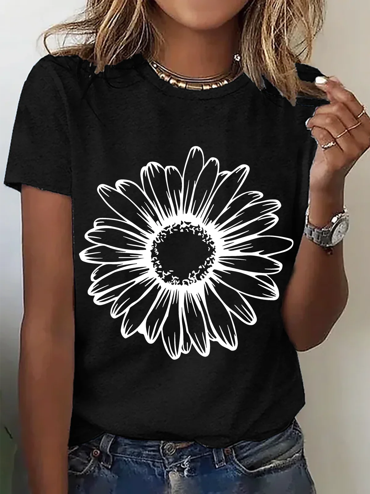 Womens Cotton Floral Crew Neck T Shirts Cotton T-Shirt
