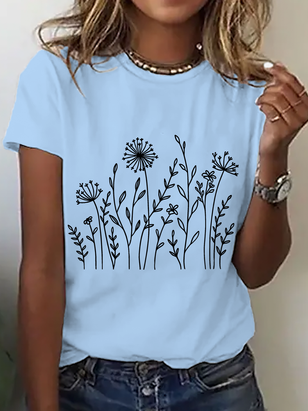 Womens Cotton Floral Crew Neck T Shirts Cotton T-Shirt