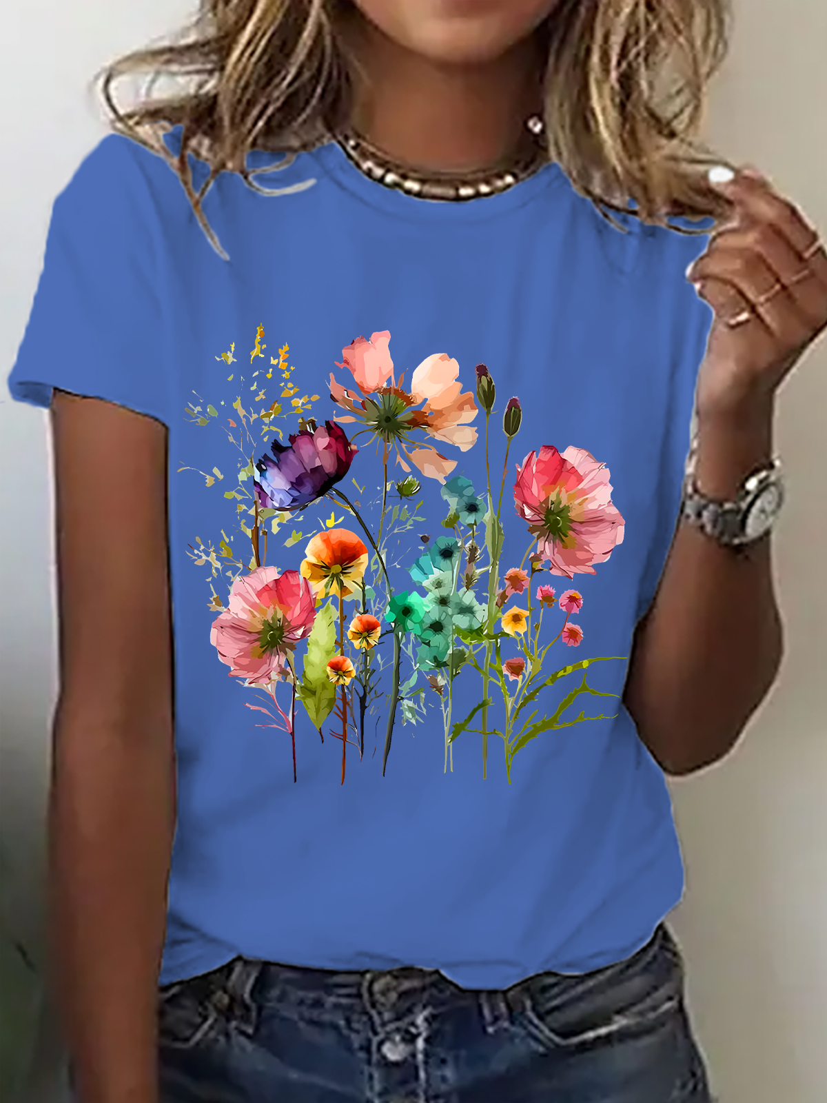 Womens Cotton Floral Crew Neck T Shirts Cotton T-Shirt