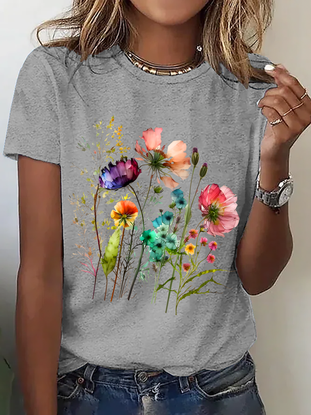 Womens Cotton Floral Crew Neck T Shirts Cotton T-Shirt