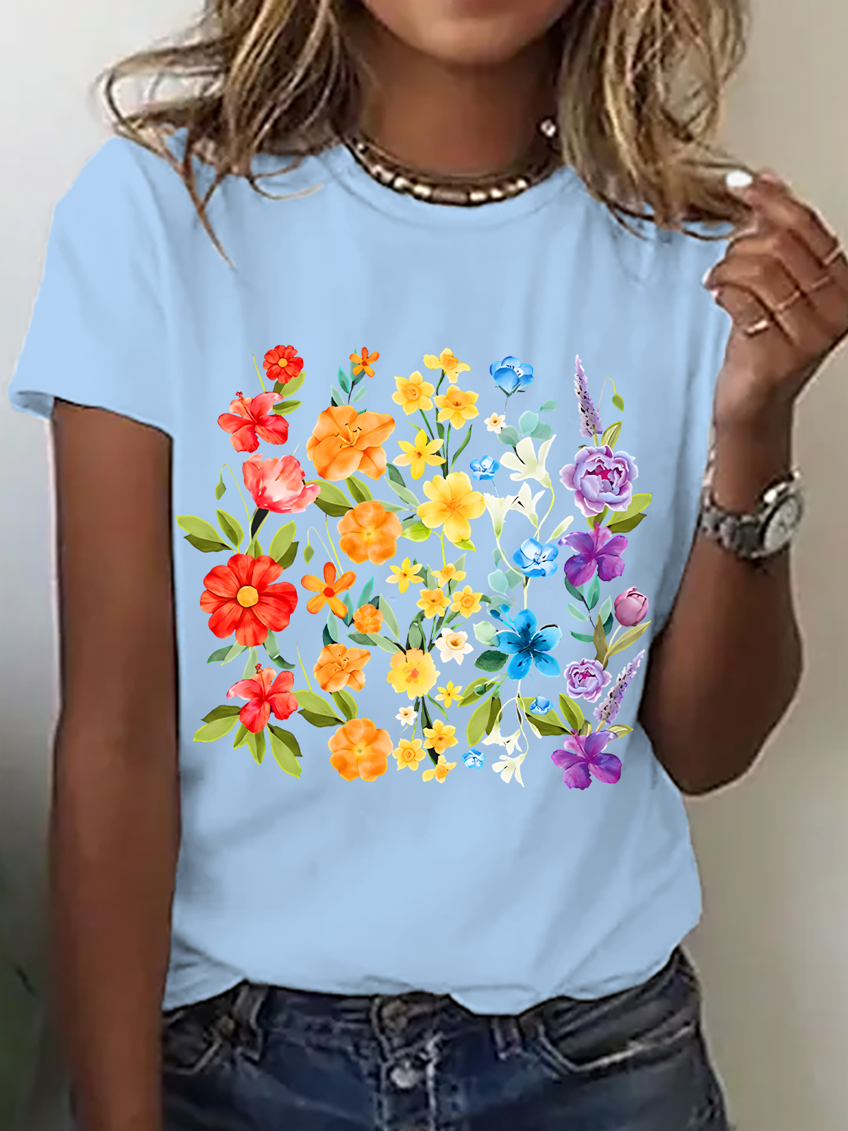 Womens Cotton Floral Crew Neck T Shirts Cotton T-Shirt