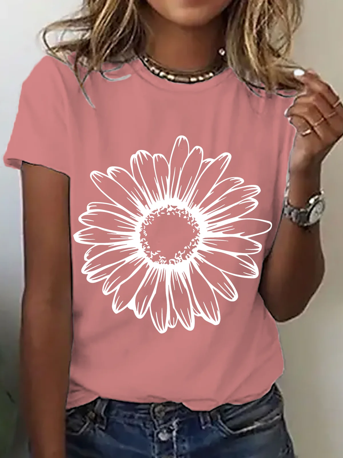 Womens Cotton Floral Crew Neck T Shirts Cotton T-Shirt