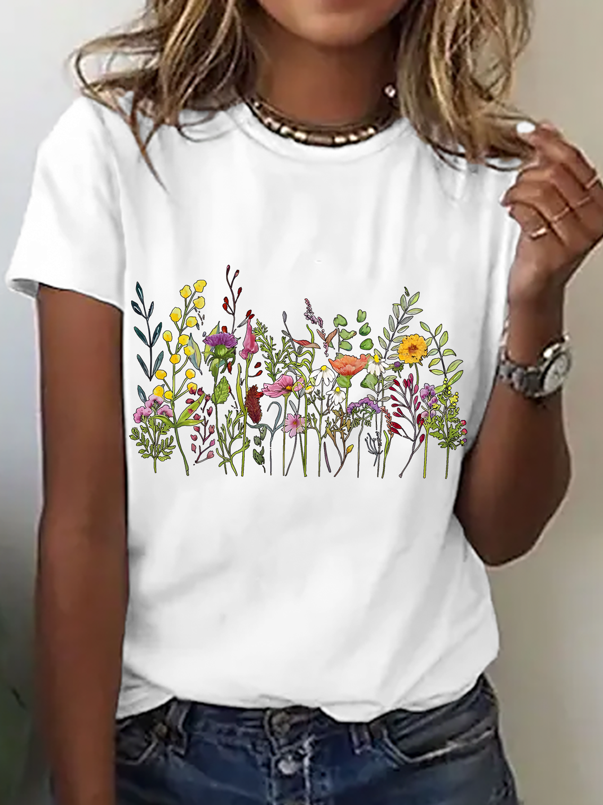 Womens Cotton Floral Crew Neck T Shirts Cotton T-Shirt