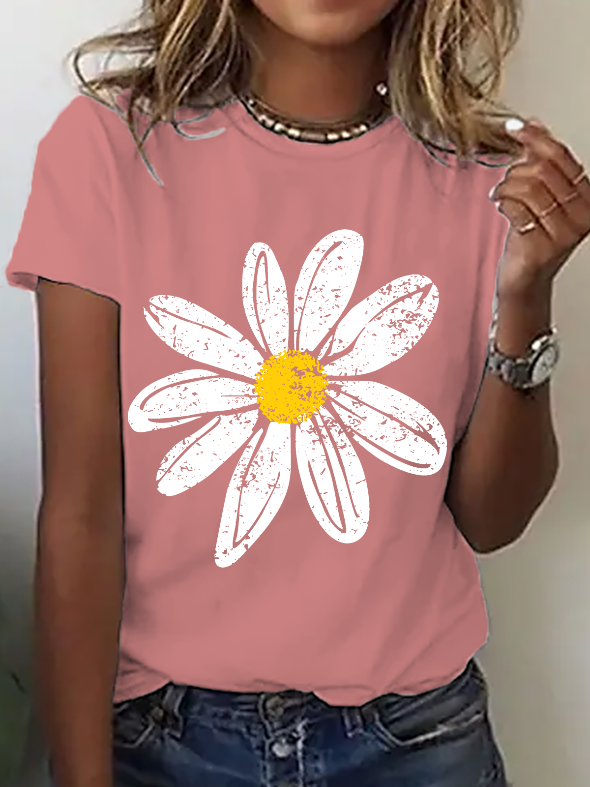 Womens Cotton Floral Crew Neck T Shirts Cotton T-Shirt
