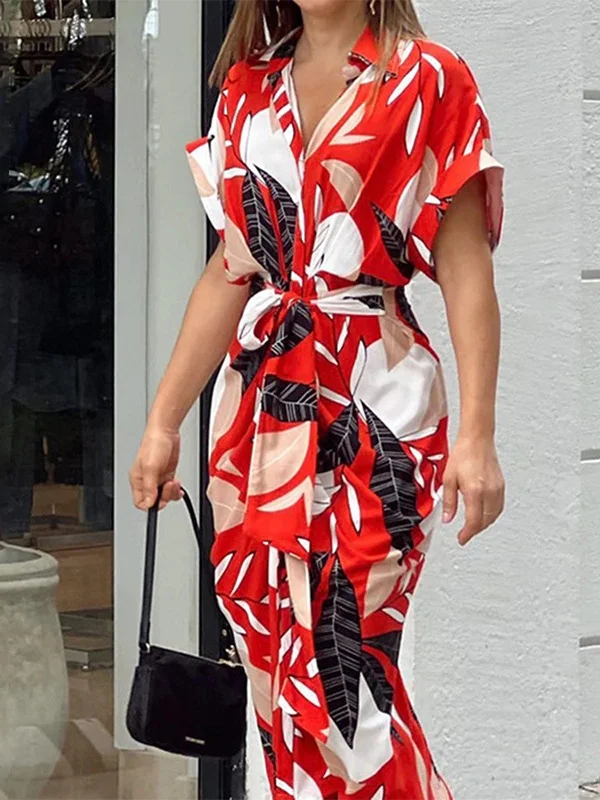 Women's Half Sleeve Summer Purple Floral Split Joint Shirt Collar Daily Going Out Vintage Maxi A-Line Hip Skirt Dress
