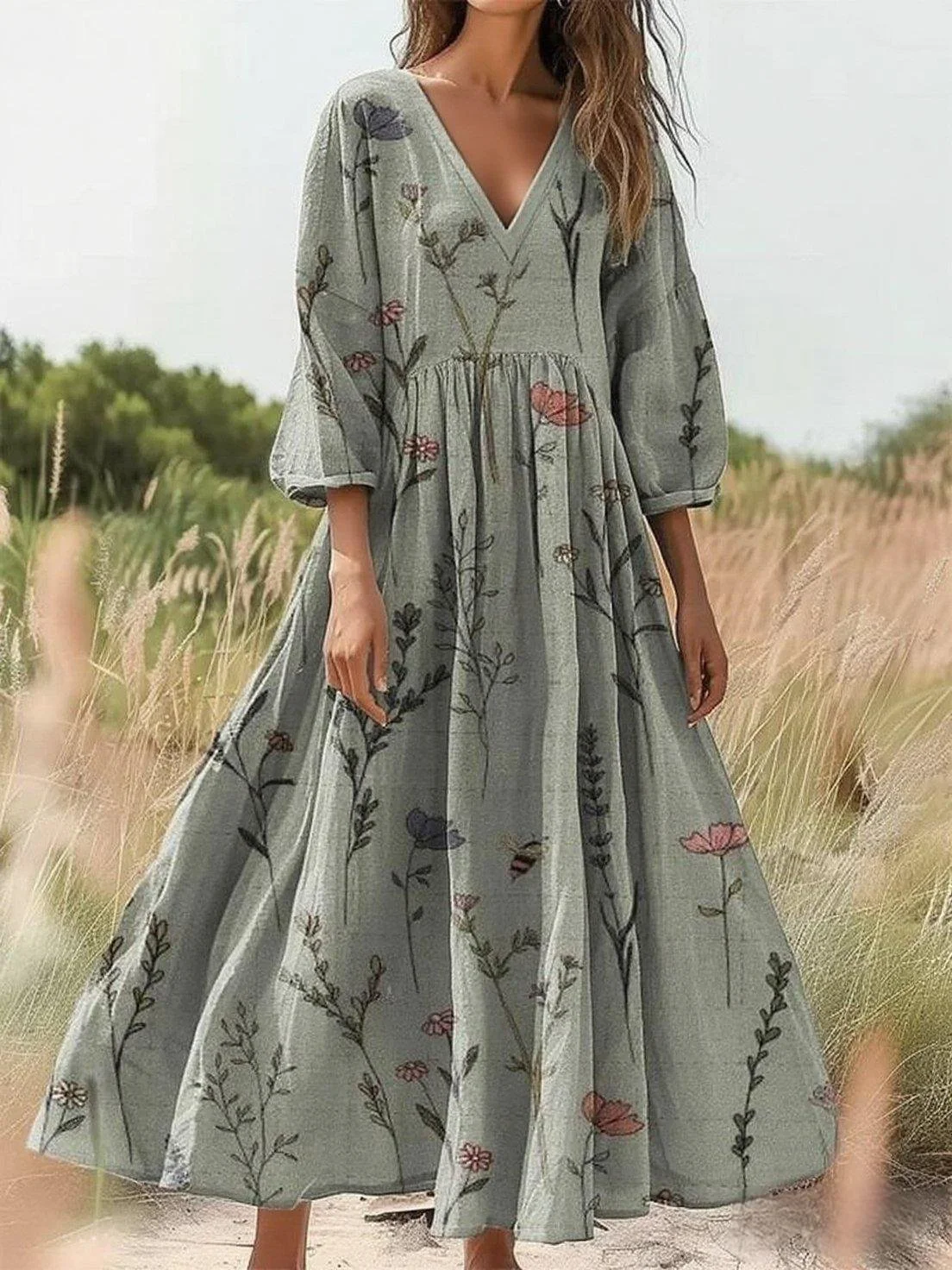 Women's Wildflower Art Print Crew Neck Pocket Cotton Dress