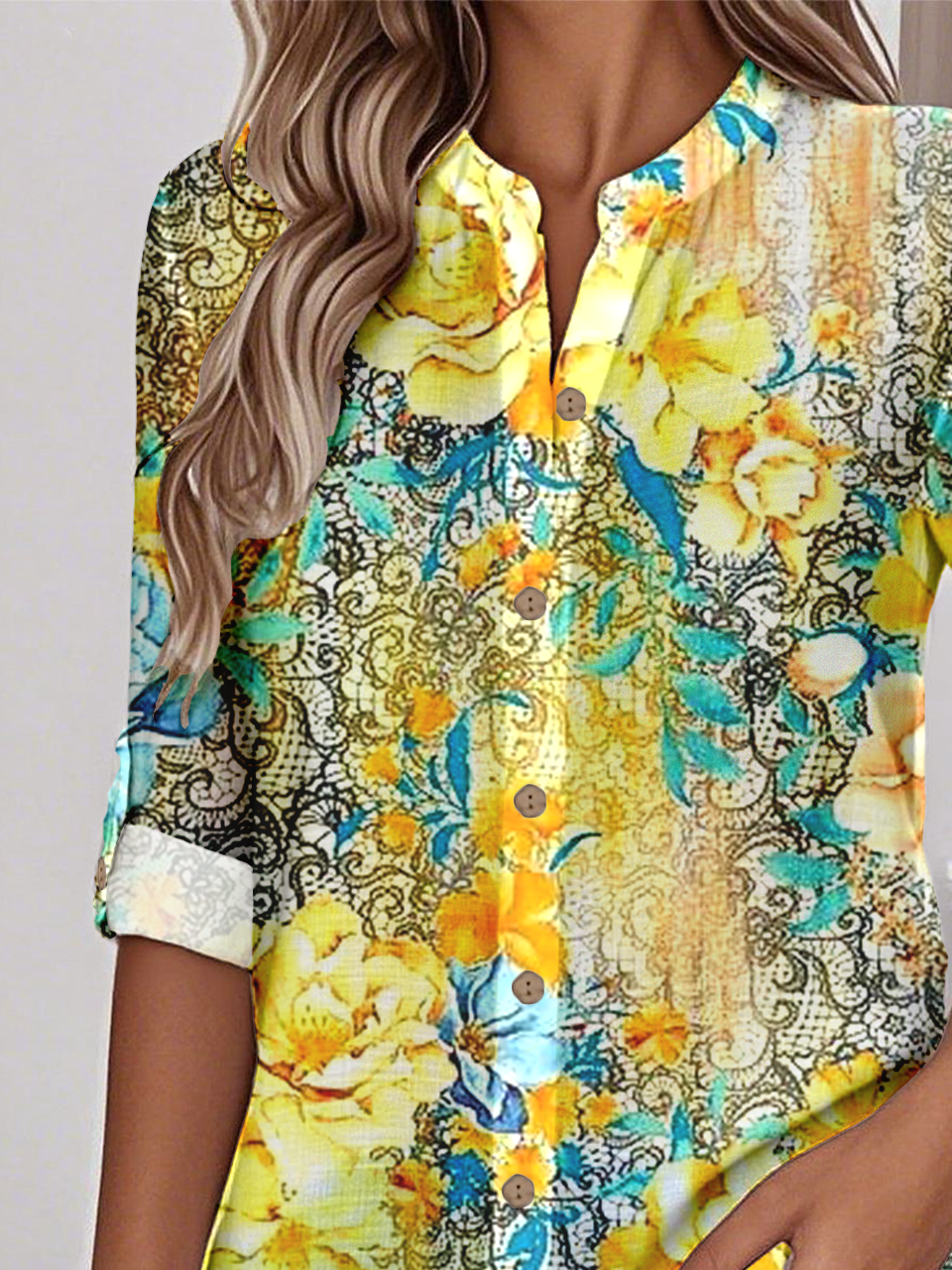 Women's Printed Stand Collar Long Sleeve Shirt