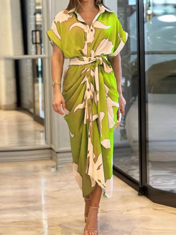 Women's Half Sleeve Summer Purple Floral Split Joint Shirt Collar Daily Going Out Vintage Maxi A-Line Hip Skirt Dress