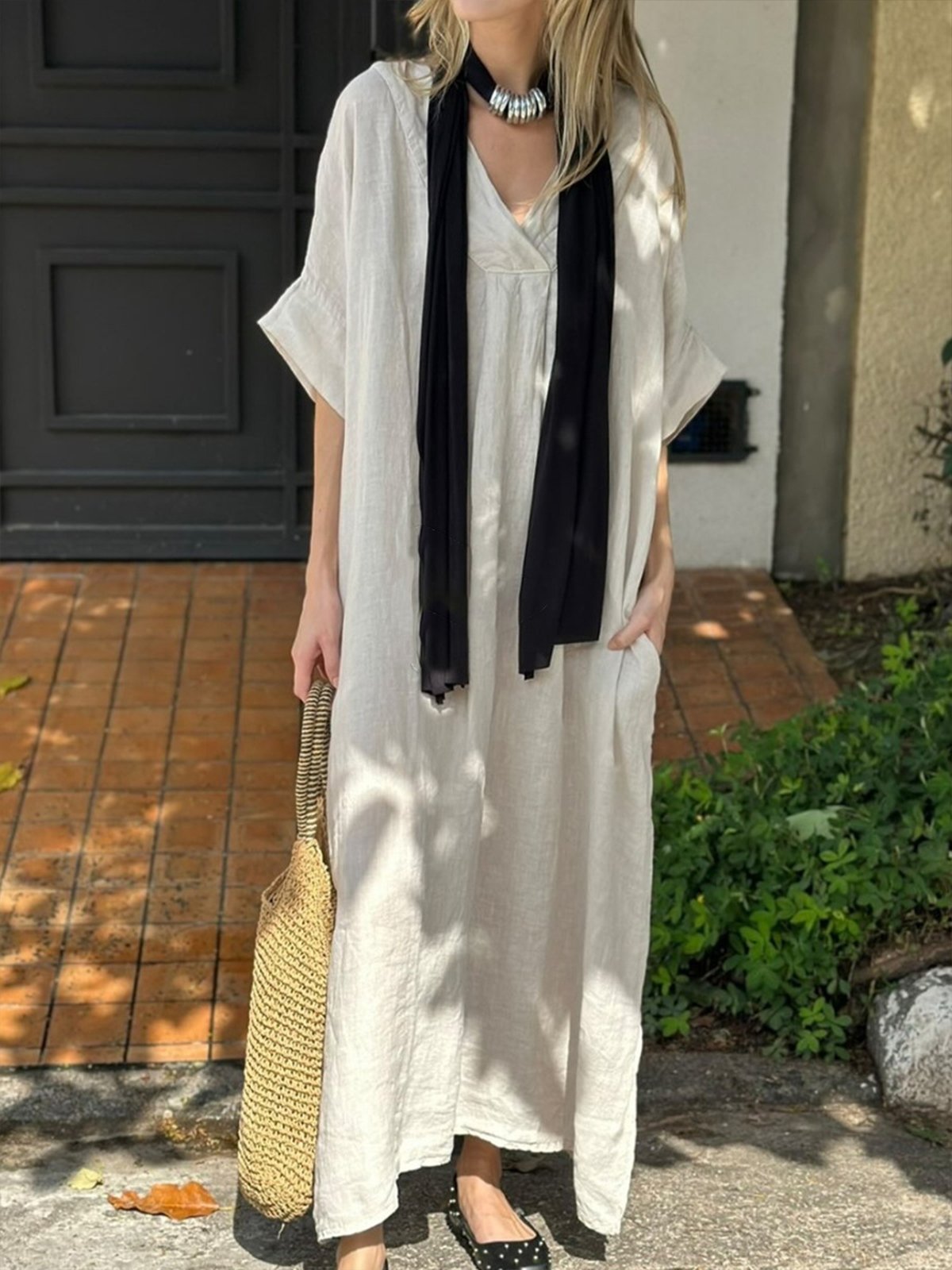 Casual Plain V Neck Maxi Dress No Scarf