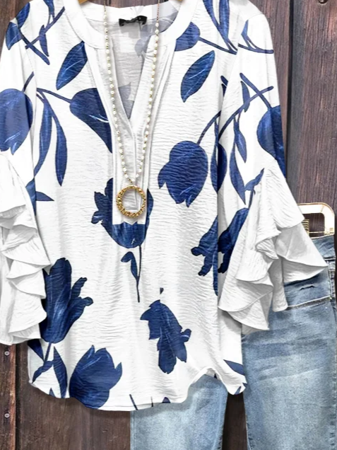 Women's Half Sleeve Shirt Summer White Floral Printing V Neck Daily Going Out Casual Top