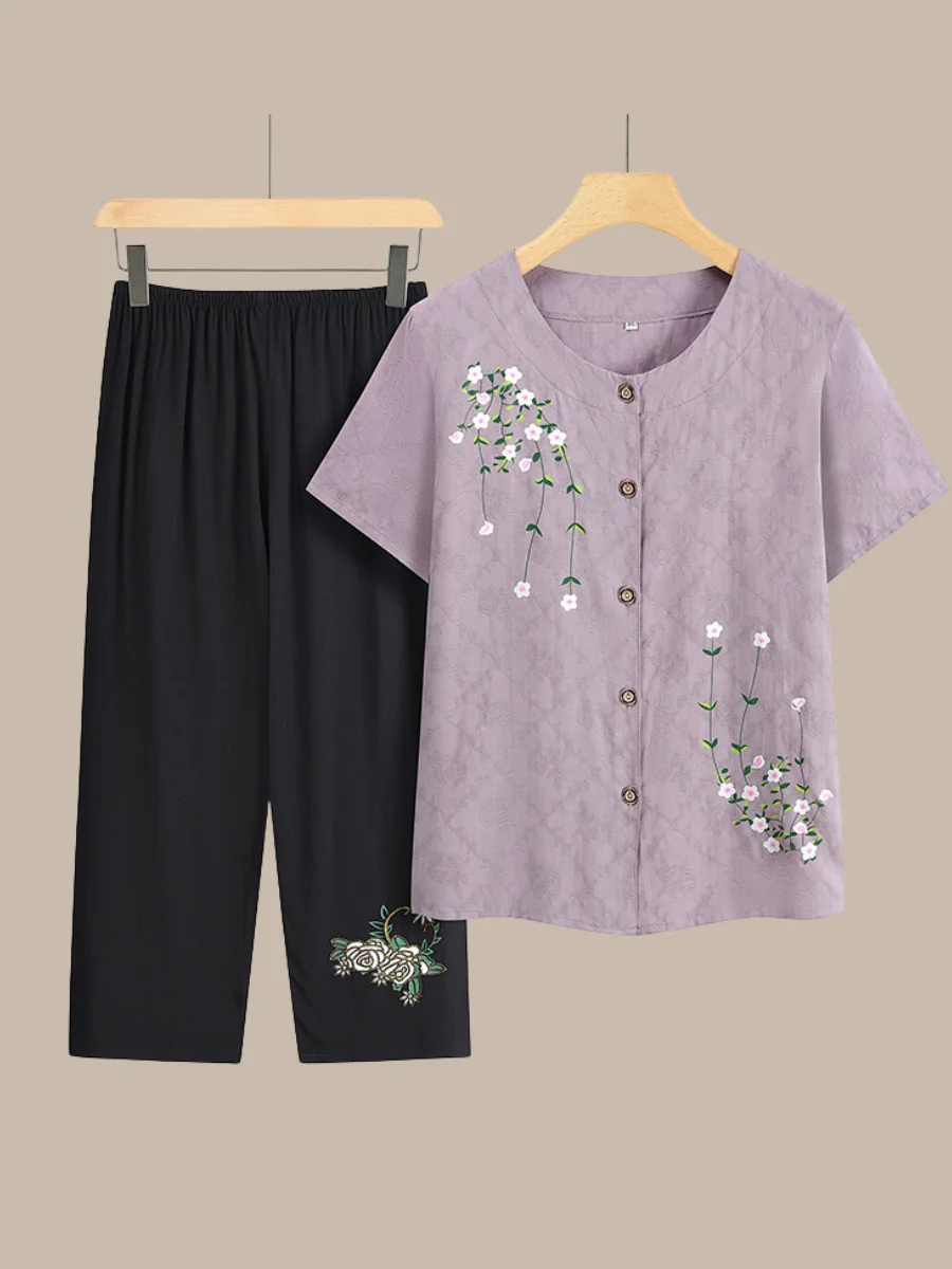 Women's Embroidery Plain Daily Going Out Two-Piece Set Purple Casual Summer Top With Pants Matching Set
