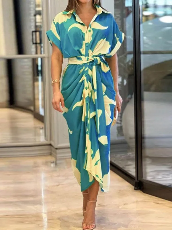 Women's Half Sleeve Summer Purple Floral Split Joint Shirt Collar Daily Going Out Vintage Maxi A-Line Hip Skirt Dress