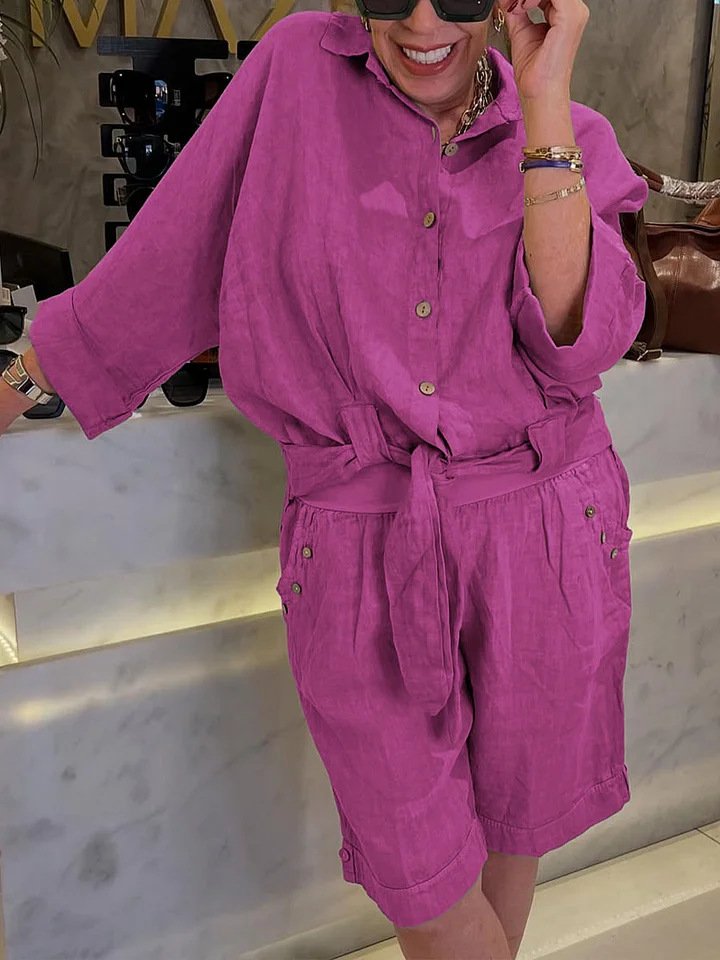 Casual Plain Shirt Collar Two-Piece Set