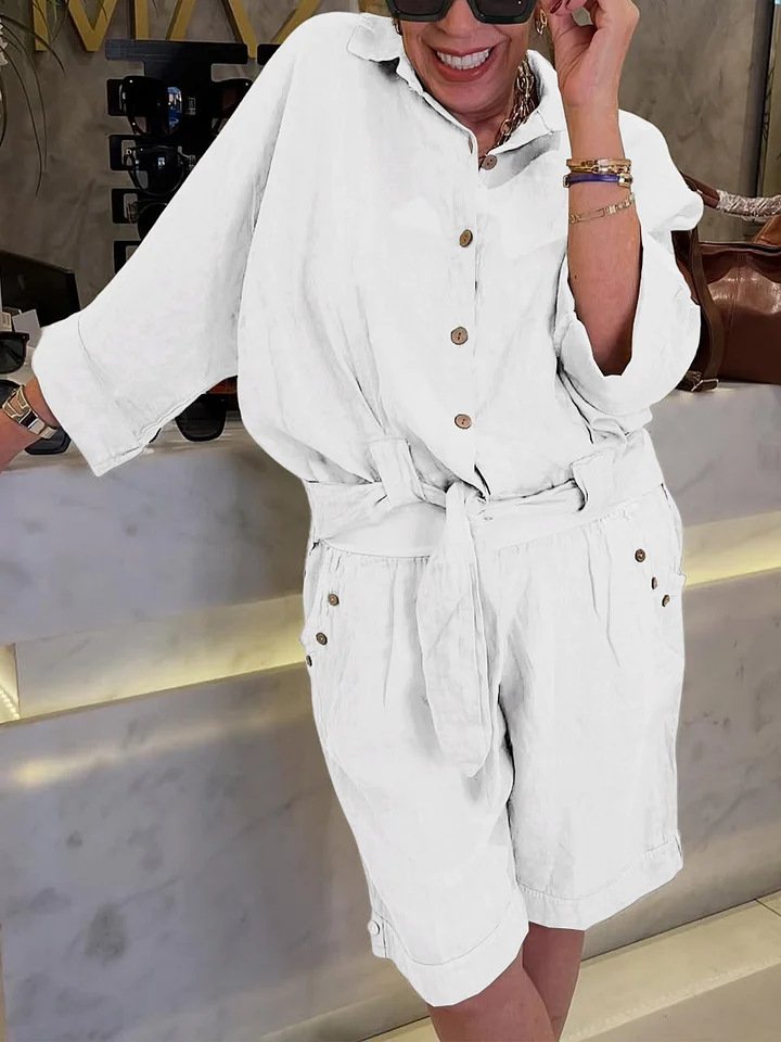 Casual Plain Shirt Collar Two-Piece Set