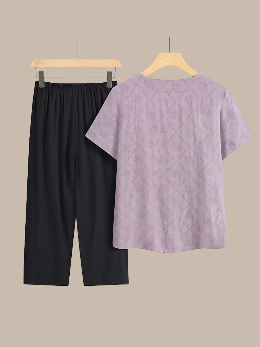 Women's Embroidery Plain Daily Going Out Two-Piece Set Purple Casual Summer Top With Pants Matching Set
