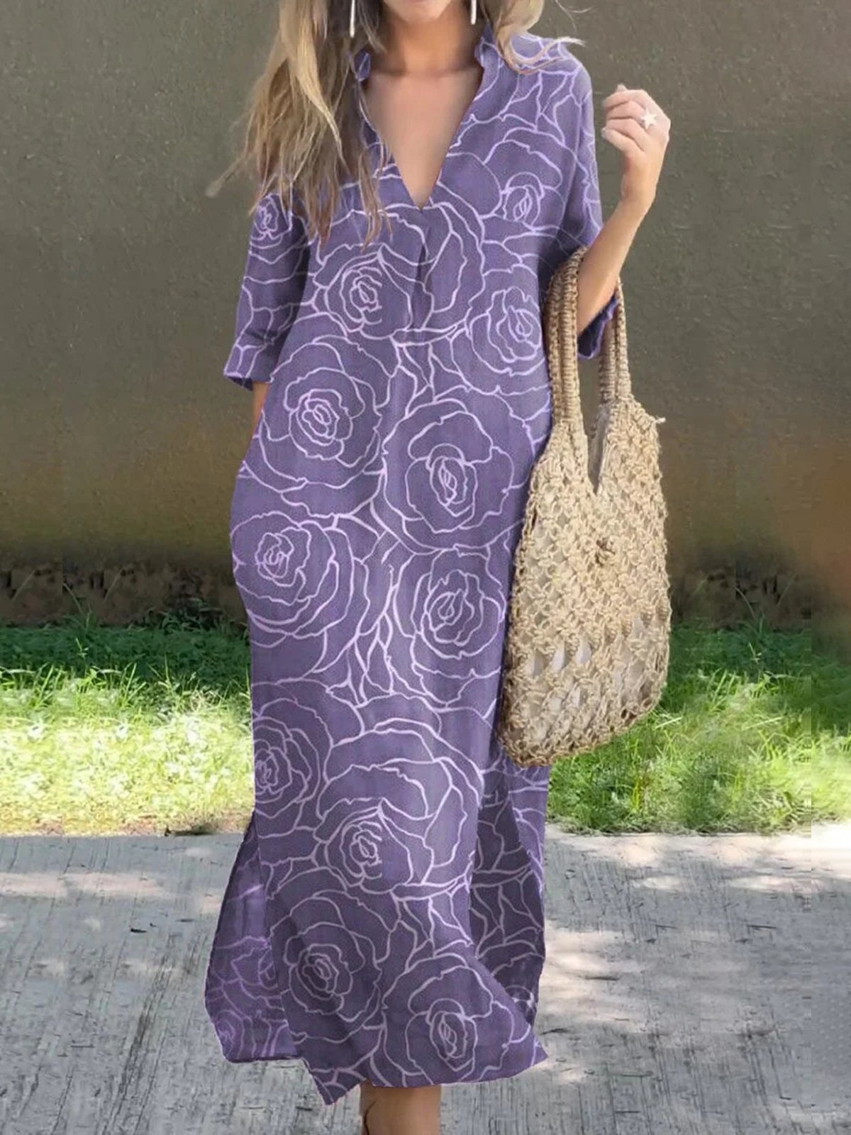 Casual Floral Printing V Neck Maxi Dress