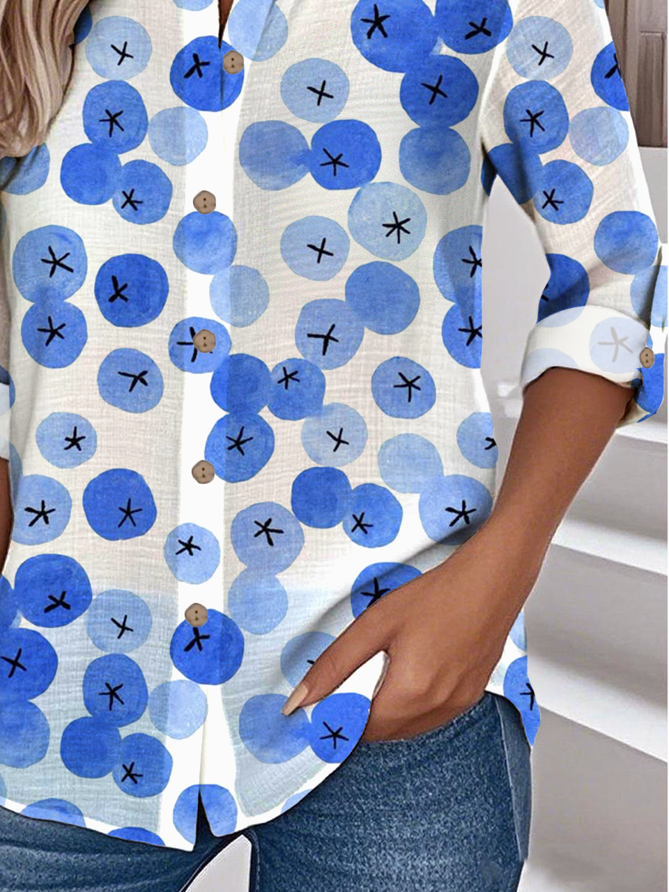 Women's Printed Stand Collar Long Sleeve Shirt