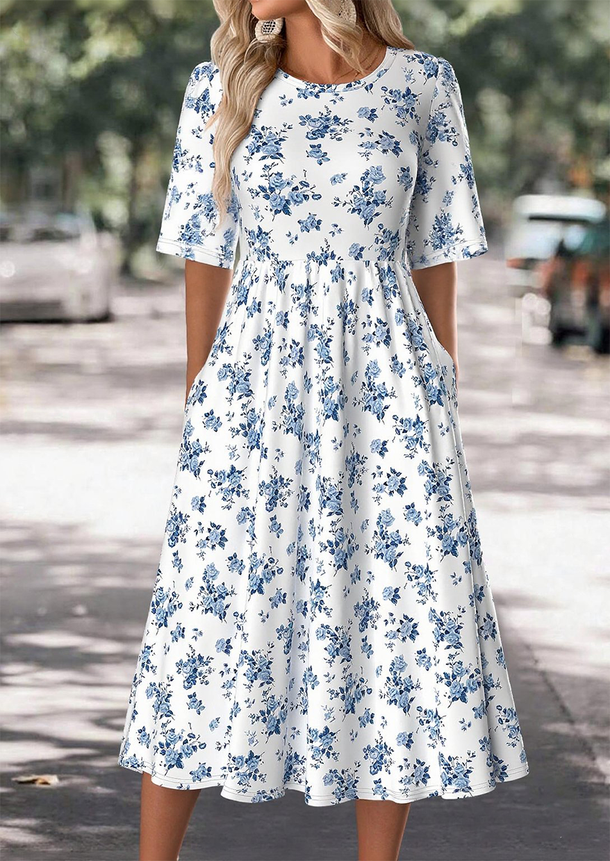 Crew Neck Loose Floral Casual Dress