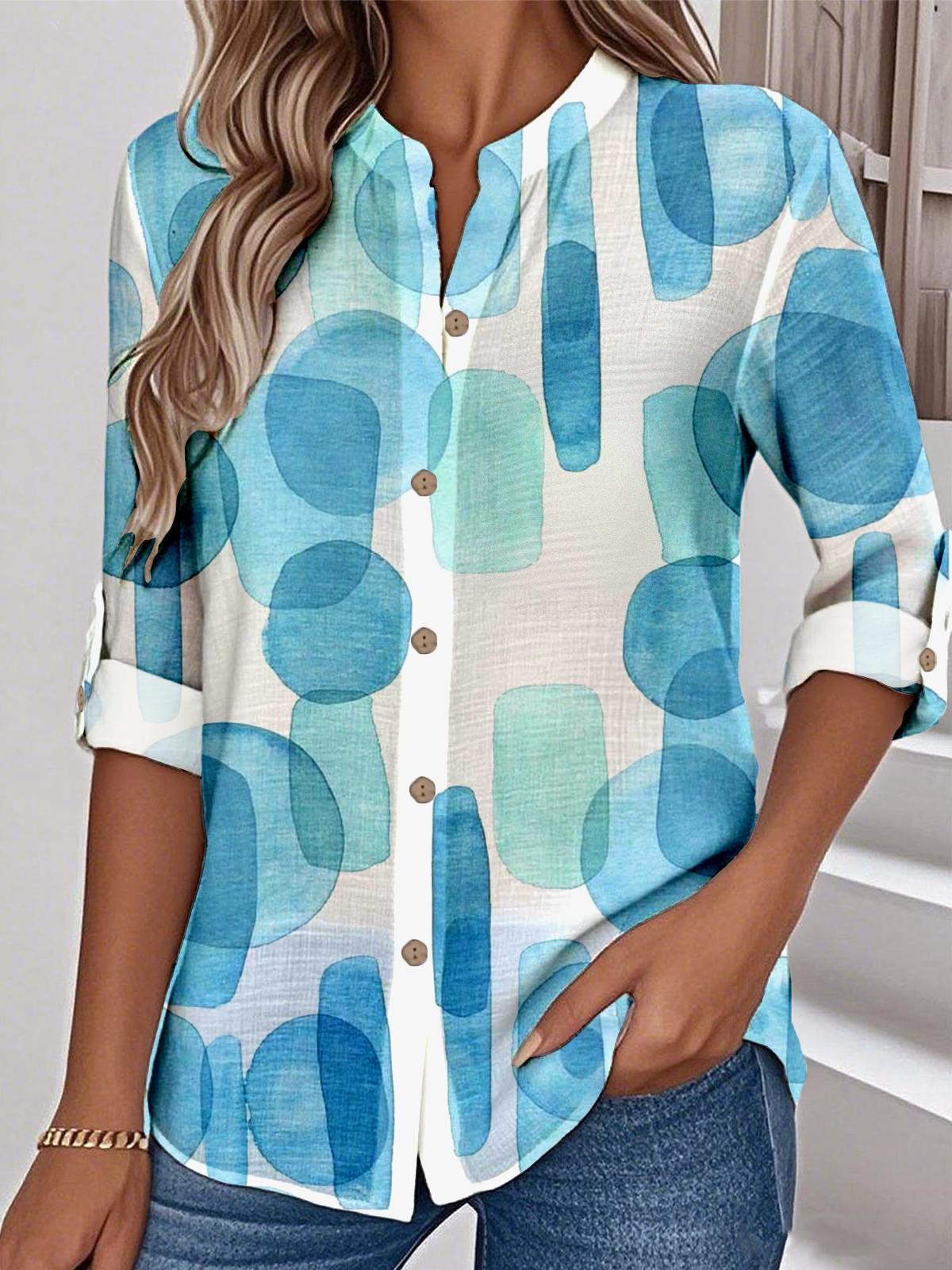 Women's Printed Stand Collar Long Sleeve Shirt