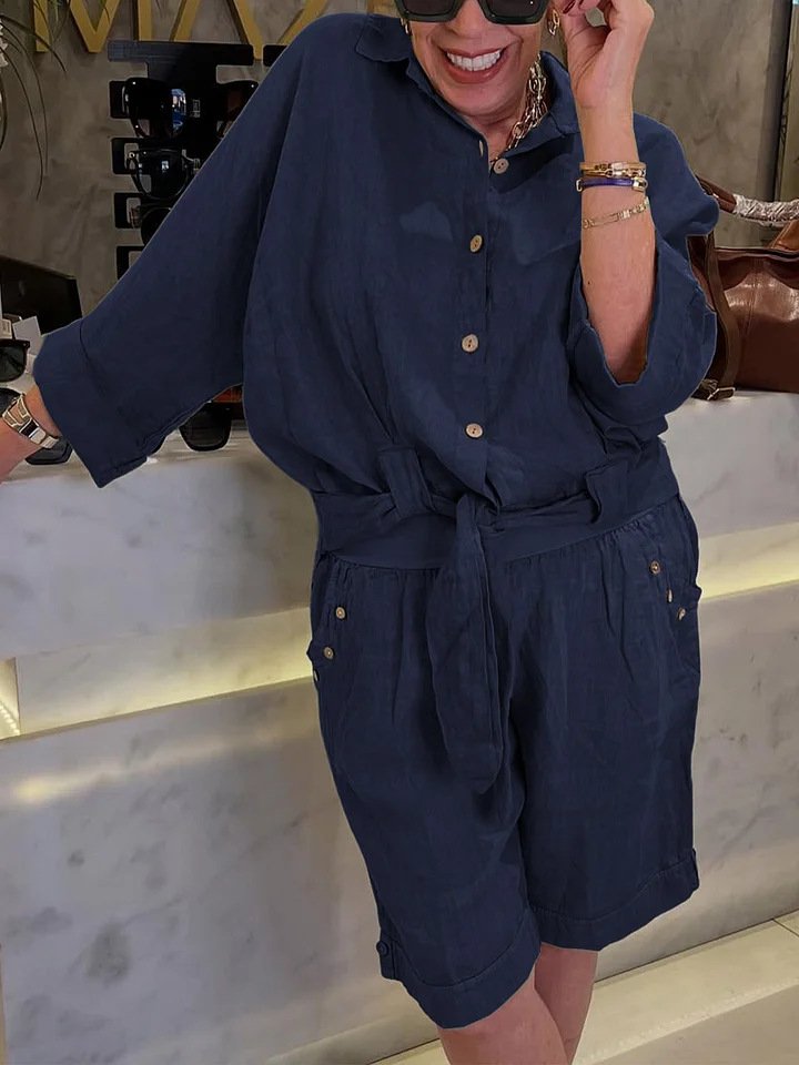 Casual Plain Shirt Collar Two-Piece Set