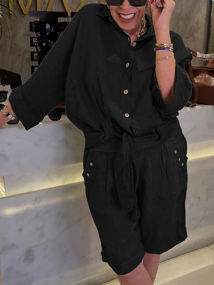 Casual Plain Shirt Collar Two-Piece Set