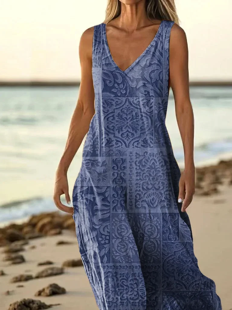 Women's Vintage Sleeveless V-Neck Dress