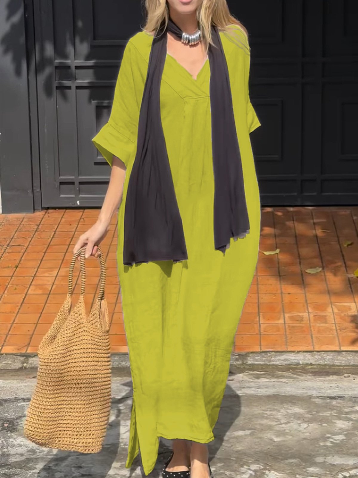 Casual Plain V Neck Maxi Dress No Scarf