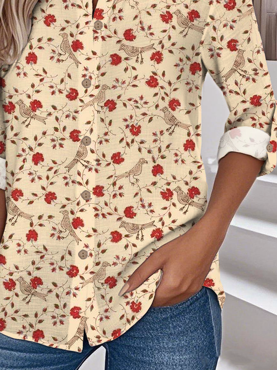 Women's Printed Stand Collar Long Sleeve Shirt