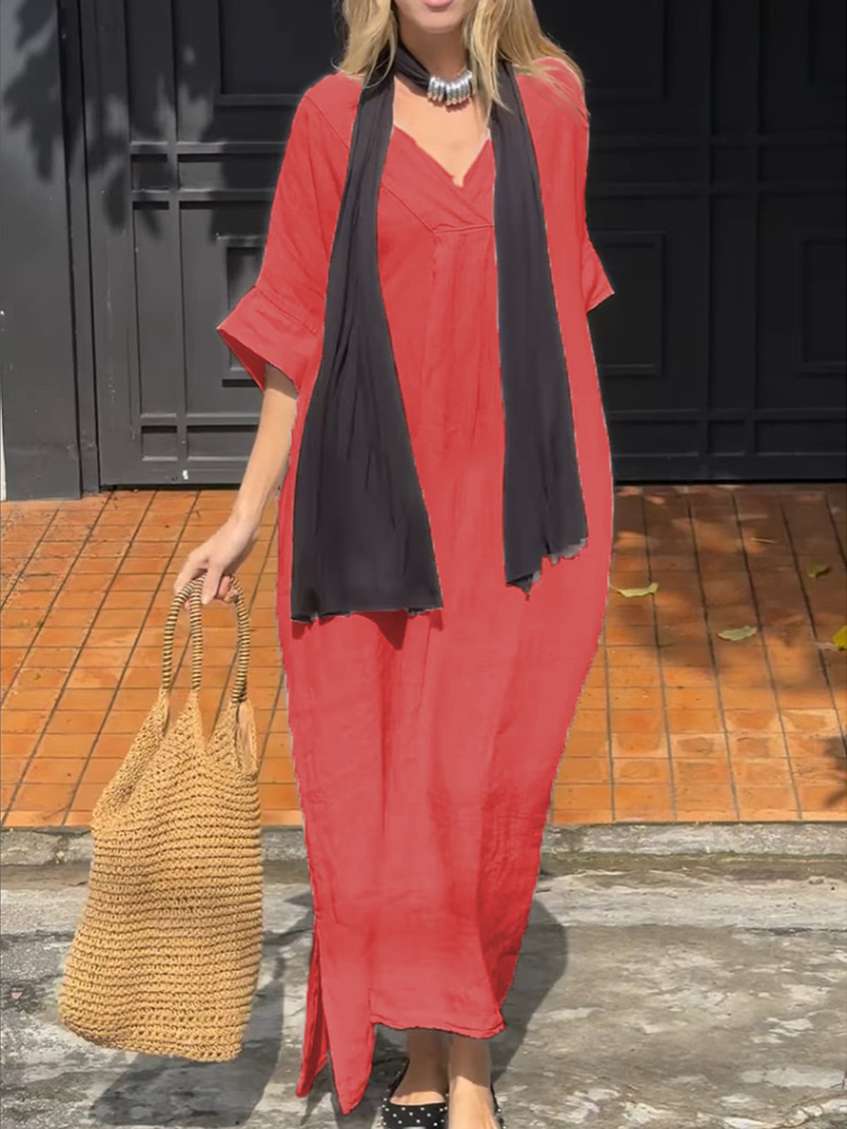 Casual Plain V Neck Maxi Dress No Scarf