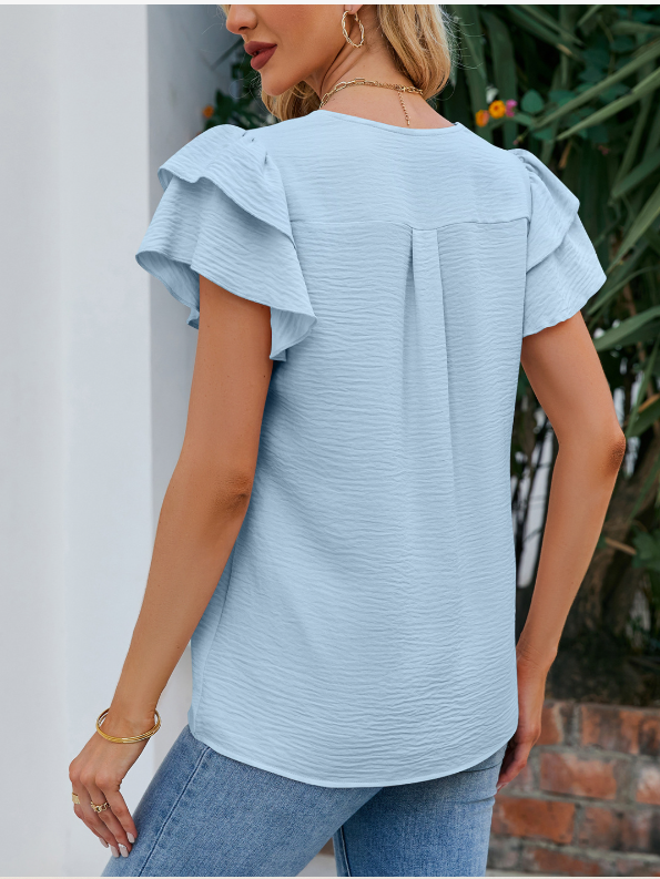 Women's Short Sleeve T-shirt Summer Sky Blue Plain V Neck Ruffle Sleeve Daily Going Out Casual Top