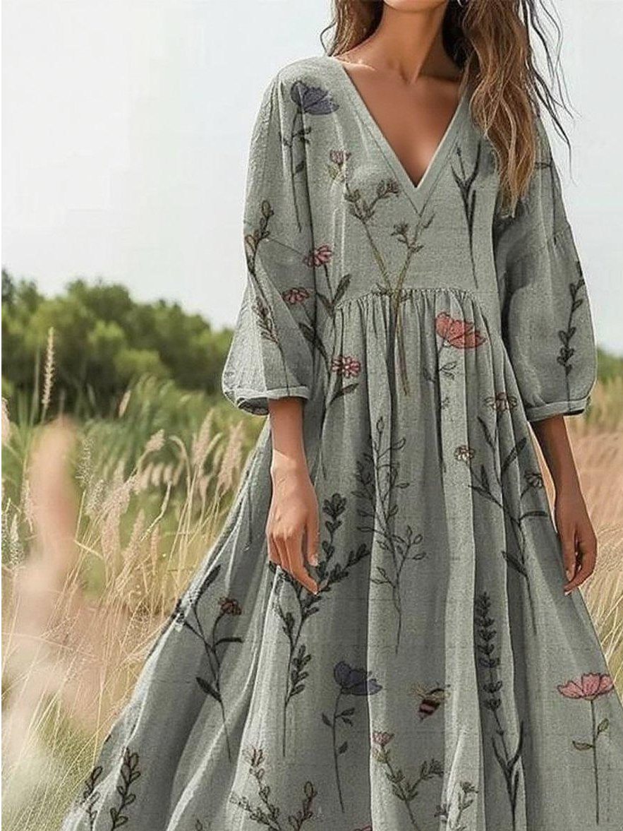 Women's Wildflower Art Print Crew Neck Pocket Cotton Dress