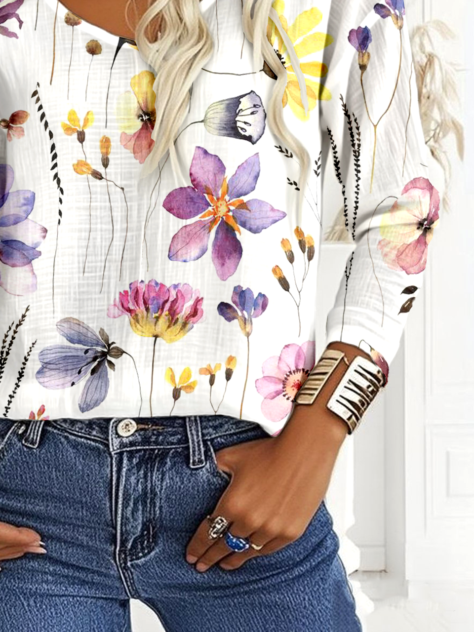 Casual Floral Cotton-Blend V Neck Blouse