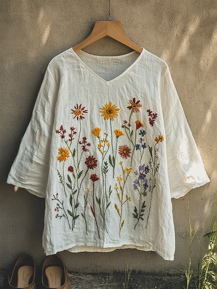 Print Casual V Neck Three-Quarter Sleeves T-Shirt