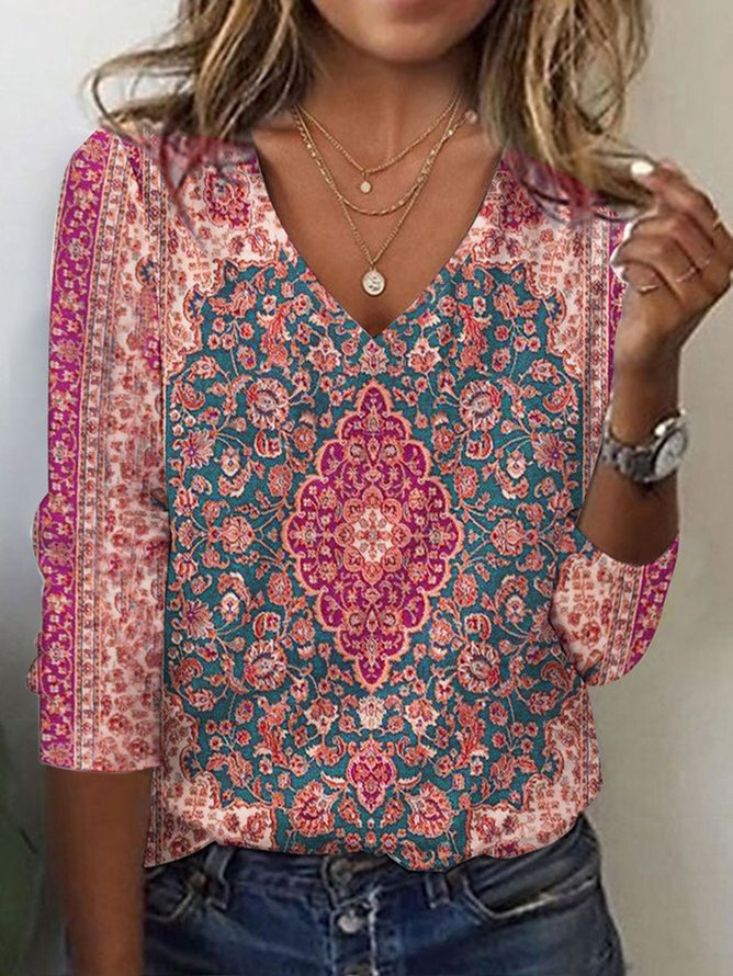 Print Casual V Neck Long Sleeve T-Shirt
