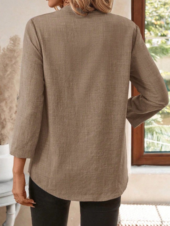 Linen V Neck Plain Casual Shirt