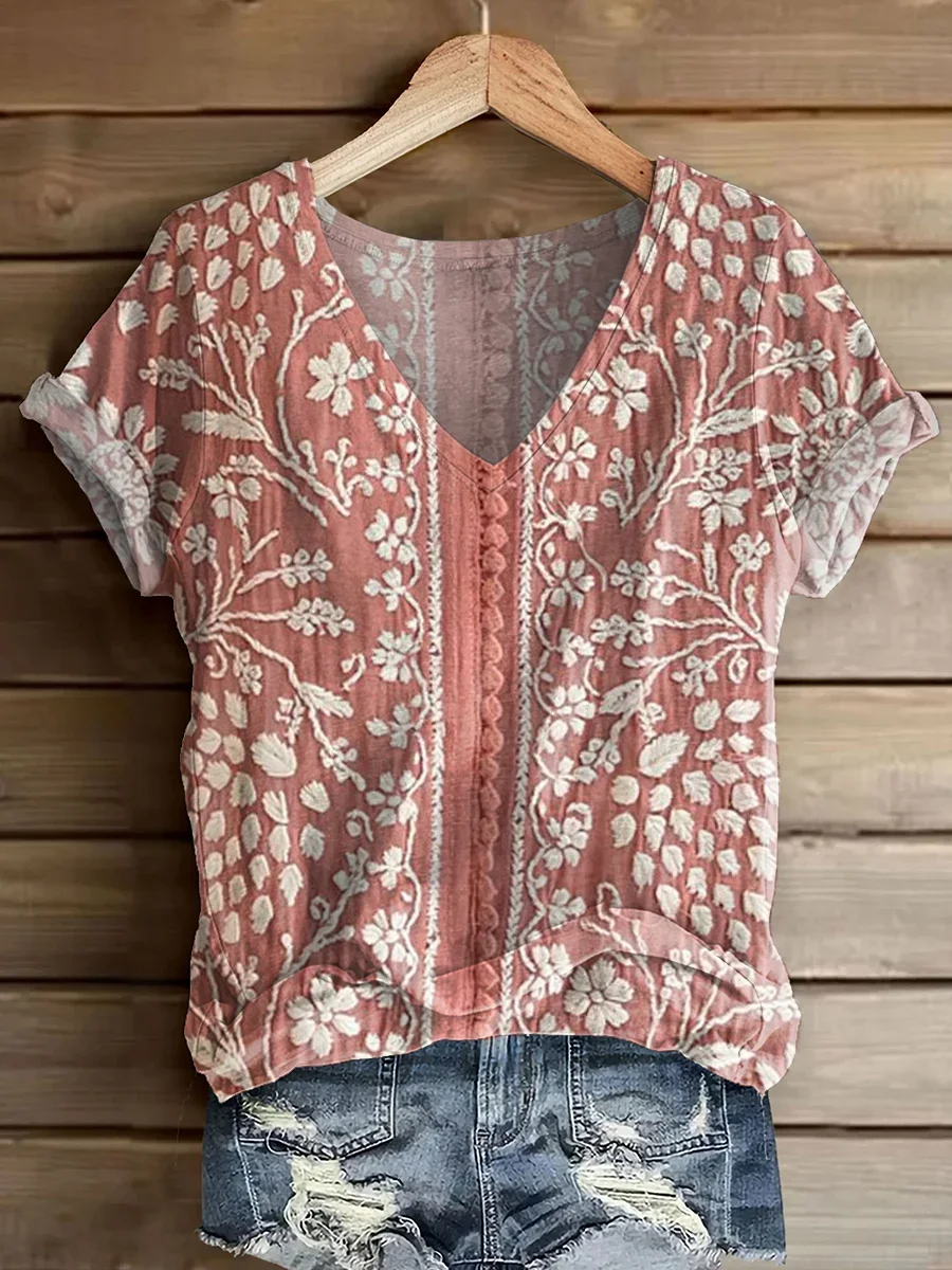 Women's Short Sleeve T-shirt Summer Blue Floral Printing V Neck Daily Going Out Casual Top