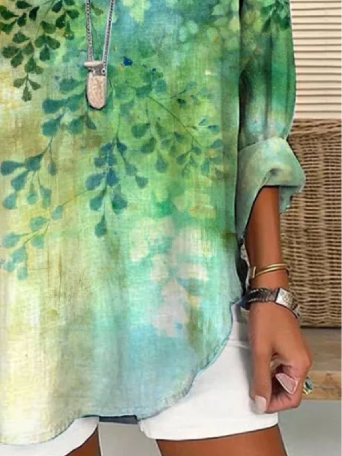 Plants Elegant Loose Shawl Collar Blouse
