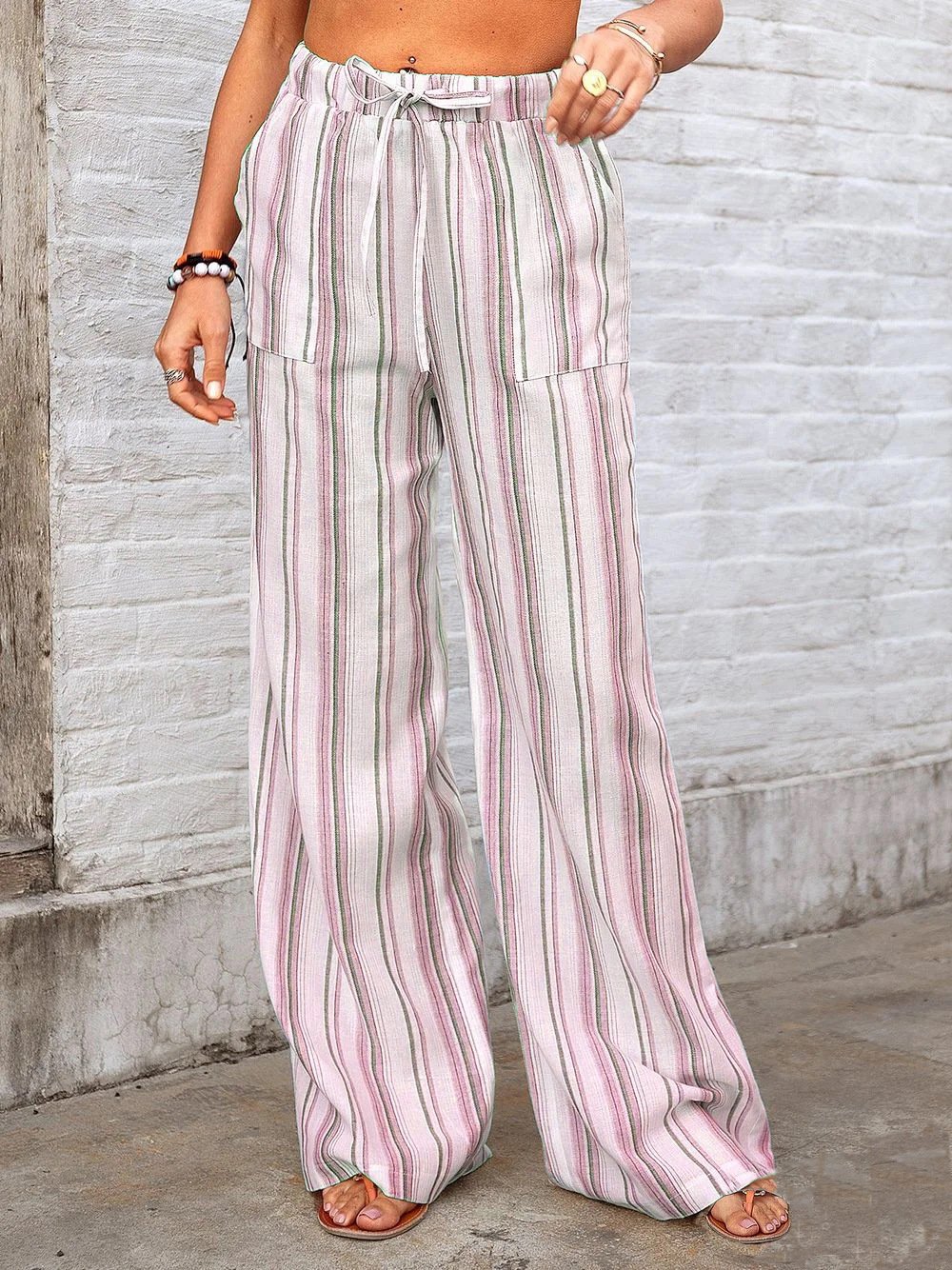 Women's  Drawstring H-Line Wide Leg Pants Daily Going Out Pants Light Blue Casual Split Joint Striped Spring/Fall Pants